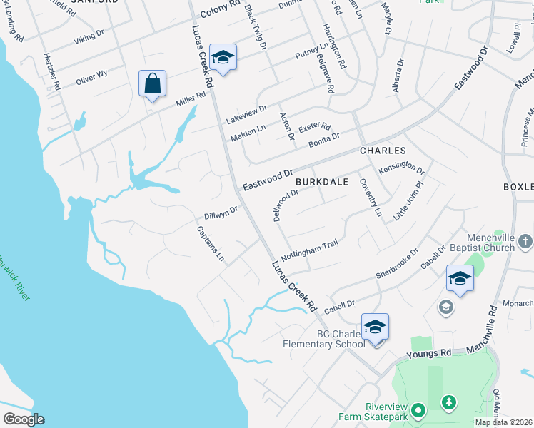 map of restaurants, bars, coffee shops, grocery stores, and more near 110 Lucas Creek Road in Newport News