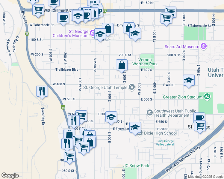 map of restaurants, bars, coffee shops, grocery stores, and more near 433 South 100 East in St. George