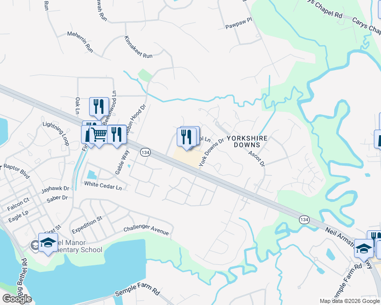 map of restaurants, bars, coffee shops, grocery stores, and more near 3301 Hampton Highway in Yorktown