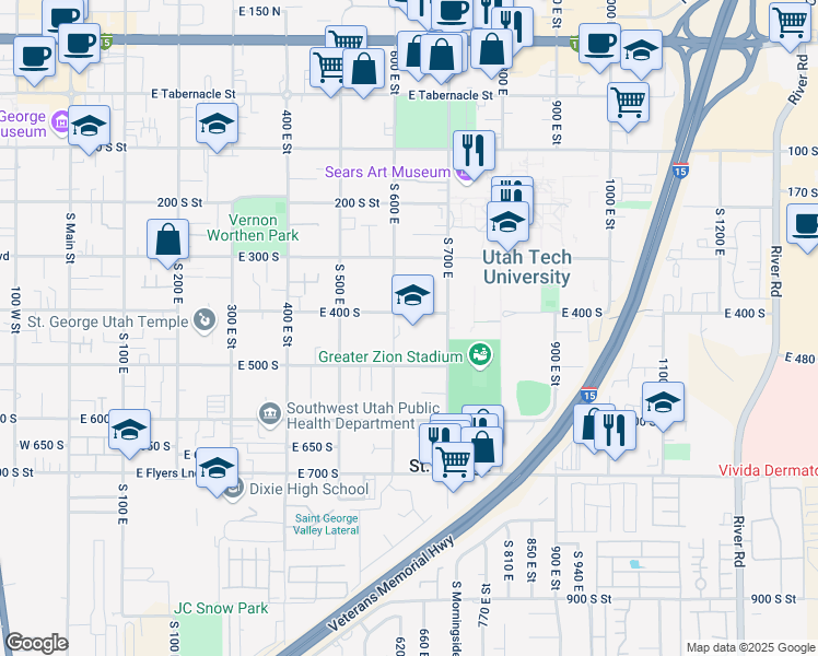 map of restaurants, bars, coffee shops, grocery stores, and more near 453 South 600 East in Saint George