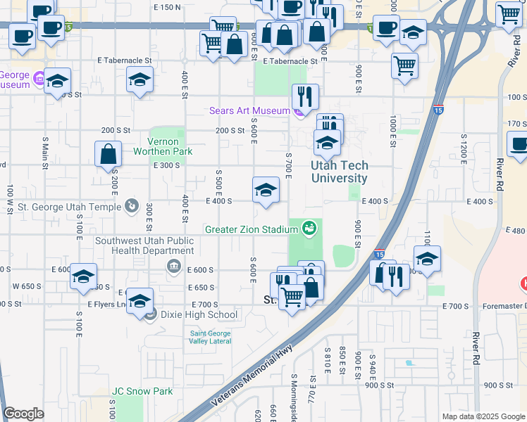 map of restaurants, bars, coffee shops, grocery stores, and more near 453 South 600 East in Saint George