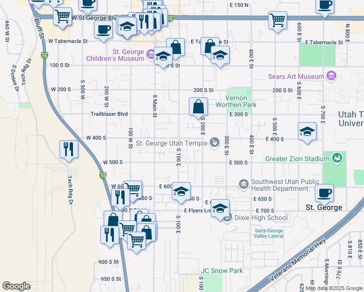 map of restaurants, bars, coffee shops, grocery stores, and more near 433 South 100 East in St. George