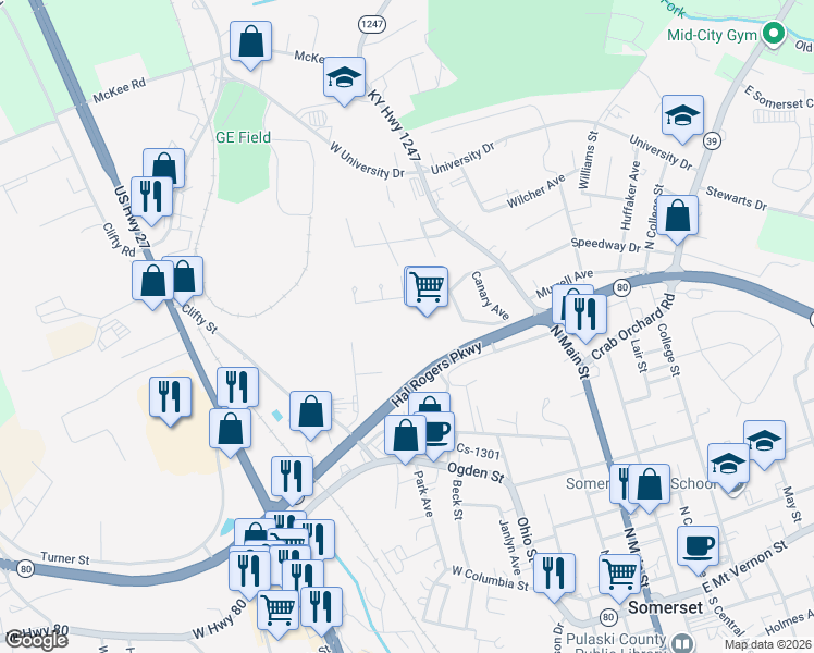 map of restaurants, bars, coffee shops, grocery stores, and more near 301 Robin Drive in Somerset