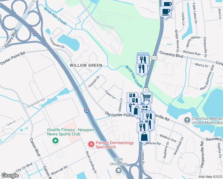 map of restaurants, bars, coffee shops, grocery stores, and more near 212 Stag Terrace in Newport News
