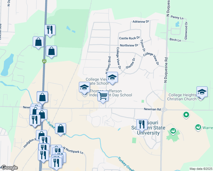 map of restaurants, bars, coffee shops, grocery stores, and more near 1101 North Goetz Boulevard in Joplin