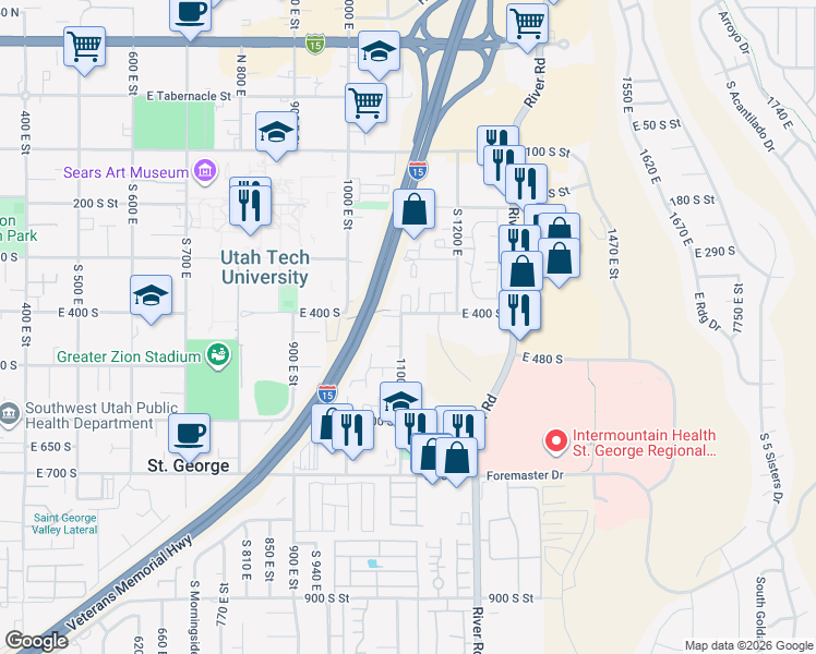 map of restaurants, bars, coffee shops, grocery stores, and more near 416 South 1100 East in St. George
