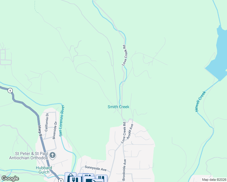 map of restaurants, bars, coffee shops, grocery stores, and more near 280 Ridge Road in Ben Lomond