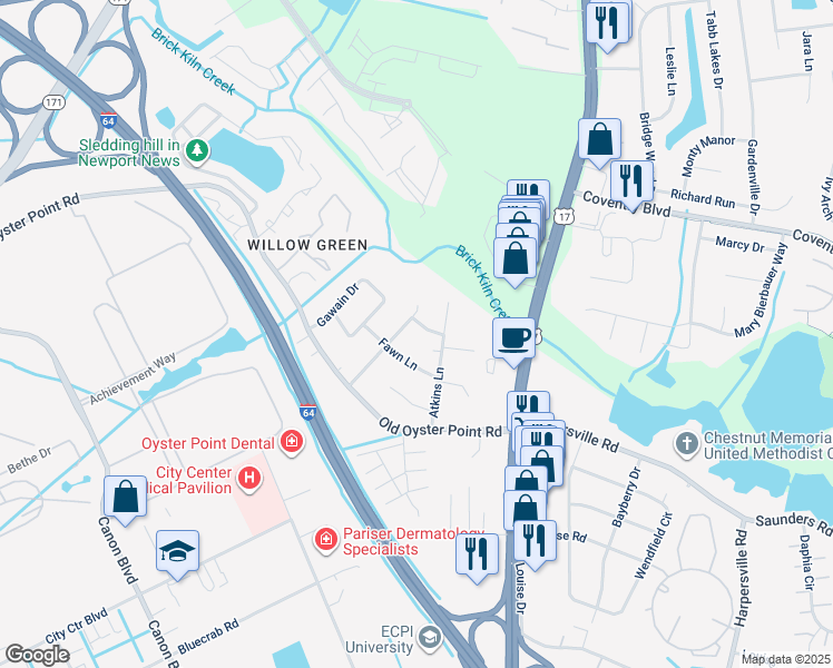 map of restaurants, bars, coffee shops, grocery stores, and more near 5 Doe Lane in Newport News