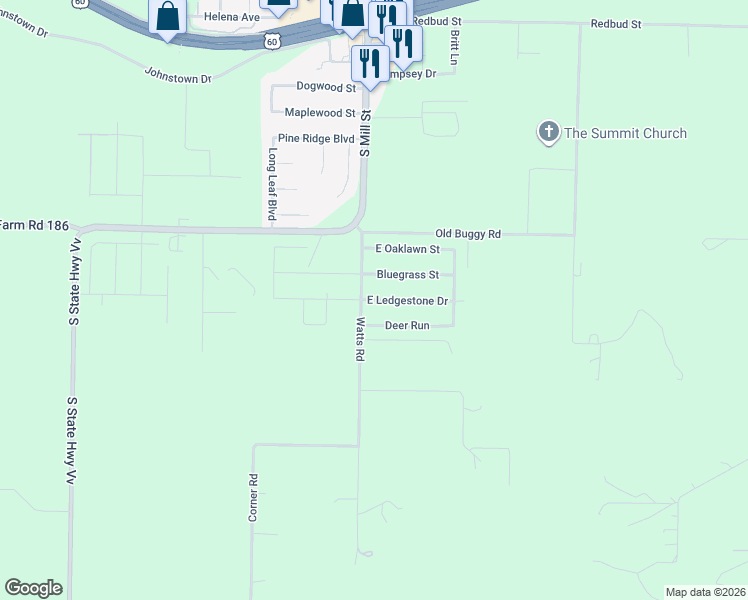 map of restaurants, bars, coffee shops, grocery stores, and more near 107 Ledgestone Drive in Rogersville