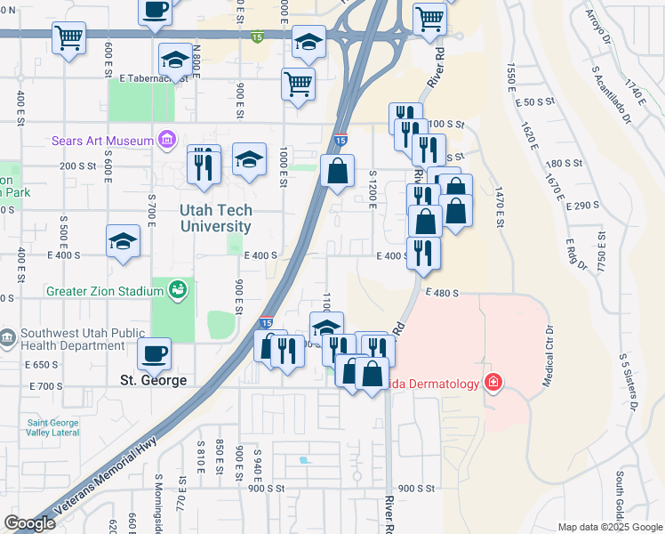 map of restaurants, bars, coffee shops, grocery stores, and more near 416 South 1100 East in St. George