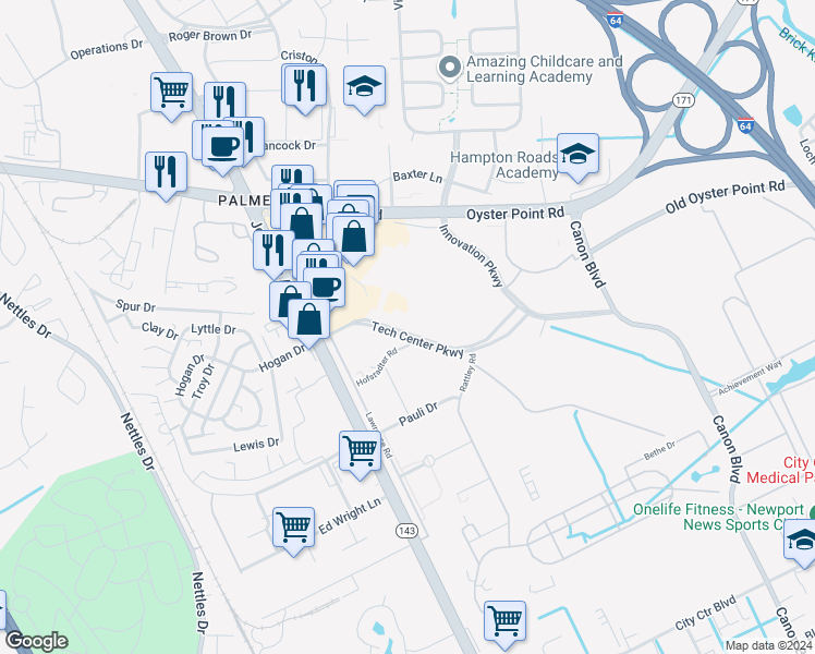 map of restaurants, bars, coffee shops, grocery stores, and more near 685 Tech Center Parkway in Newport News