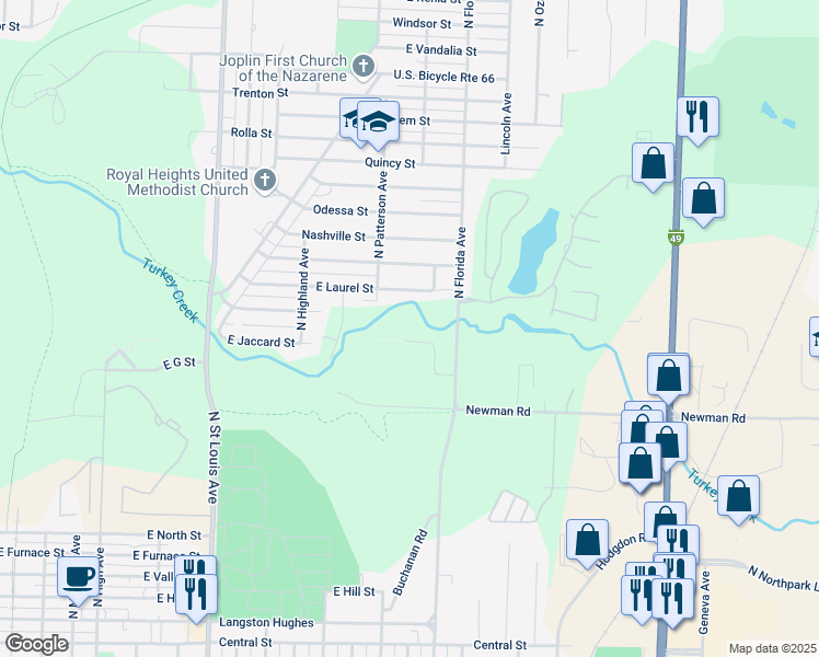 map of restaurants, bars, coffee shops, grocery stores, and more near 2419 East Jaccard Street in Joplin