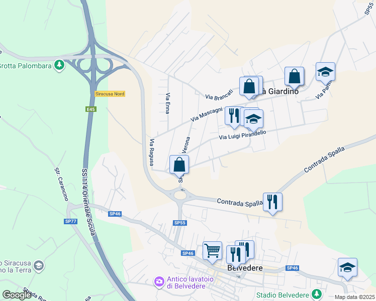 map of restaurants, bars, coffee shops, grocery stores, and more near 58 Via Luigi Pirandello in Città Giardino