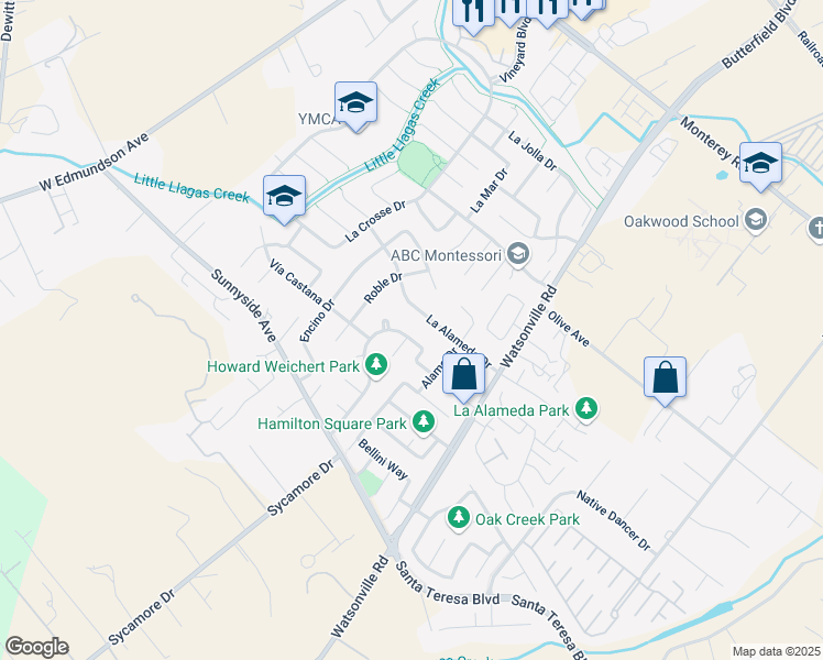 map of restaurants, bars, coffee shops, grocery stores, and more near 725 Vía Del Castille in Morgan Hill