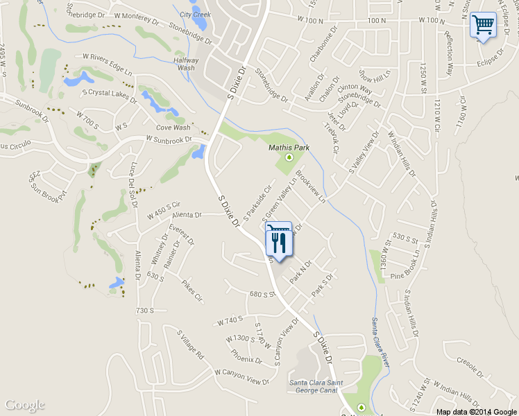 map of restaurants, bars, coffee shops, grocery stores, and more near 421 South Parkside Circle in St. George