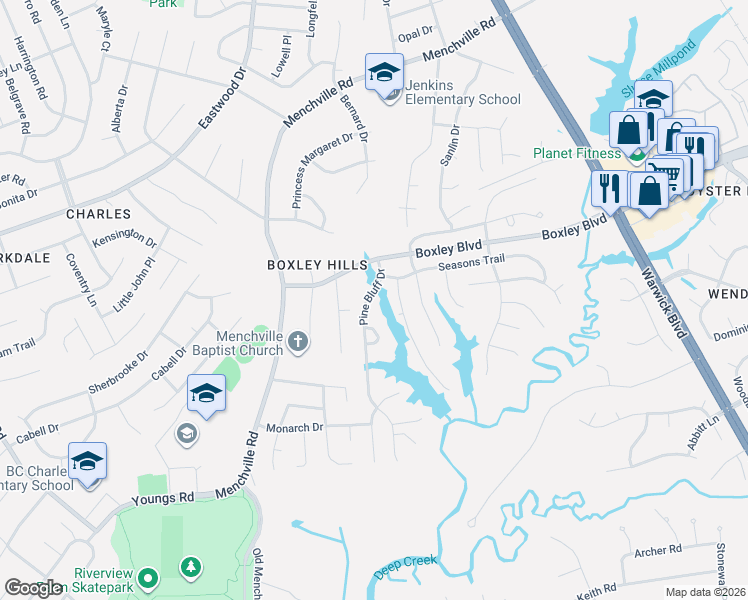 map of restaurants, bars, coffee shops, grocery stores, and more near 114 Pine Bluff Drive in Newport News