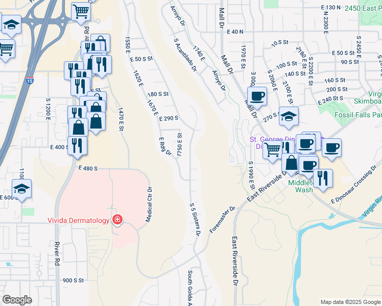 map of restaurants, bars, coffee shops, grocery stores, and more near 427 S 5 Sisters Dr in St George