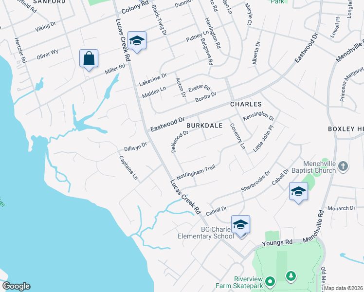 map of restaurants, bars, coffee shops, grocery stores, and more near 580 Dellwood Drive in Newport News