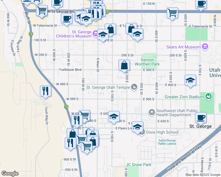 map of restaurants, bars, coffee shops, grocery stores, and more near 418 South 100 East in St. George