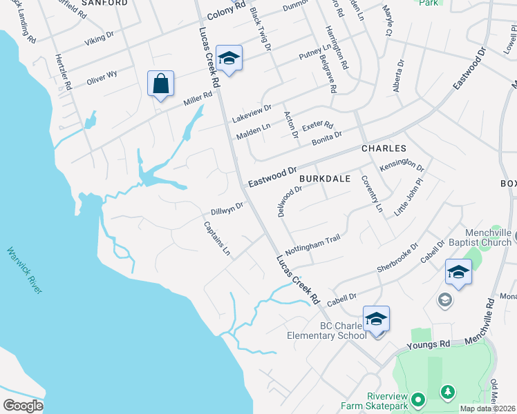 map of restaurants, bars, coffee shops, grocery stores, and more near 110 Lucas Creek Road in Newport News