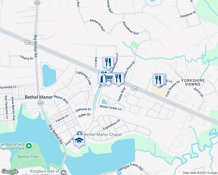 map of restaurants, bars, coffee shops, grocery stores, and more near 2900 Hampton Highway in Yorktown