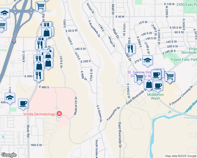 map of restaurants, bars, coffee shops, grocery stores, and more near 427 South 5 Sisters Drive in St. George