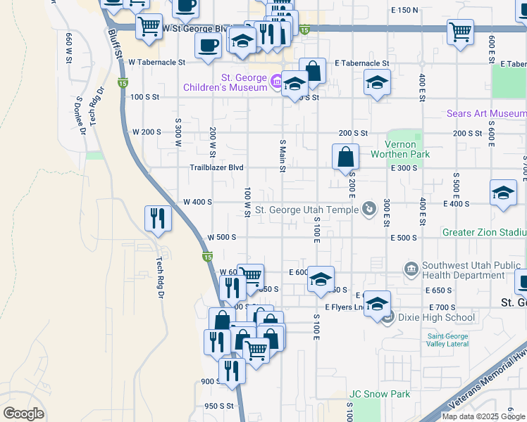 map of restaurants, bars, coffee shops, grocery stores, and more near 55 West 400 South in St. George