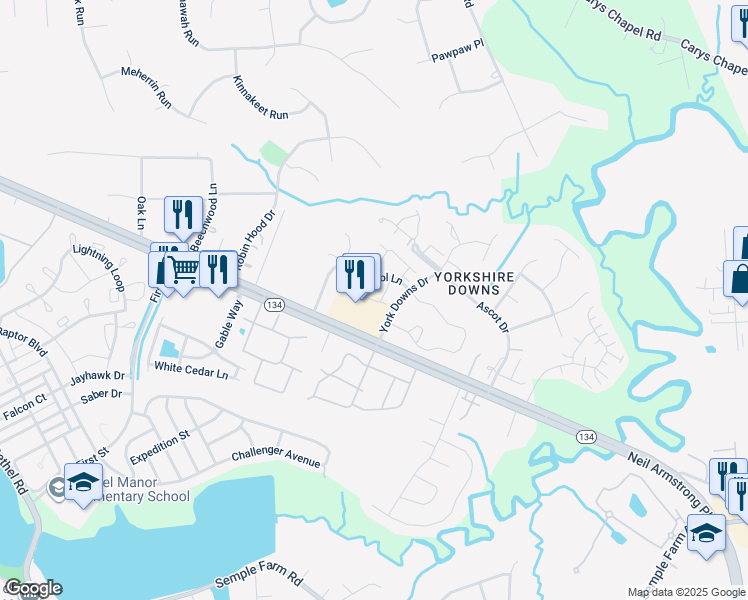 map of restaurants, bars, coffee shops, grocery stores, and more near 102 Chippenham Drive in Yorktown