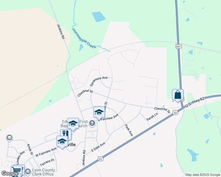 map of restaurants, bars, coffee shops, grocery stores, and more near Pine Street in Eddyville