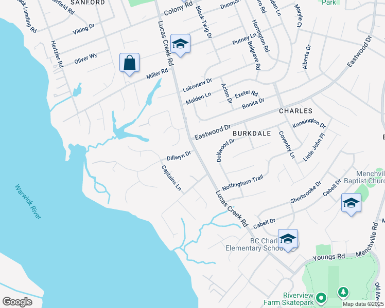 map of restaurants, bars, coffee shops, grocery stores, and more near 98 Dillwyn Drive in Newport News