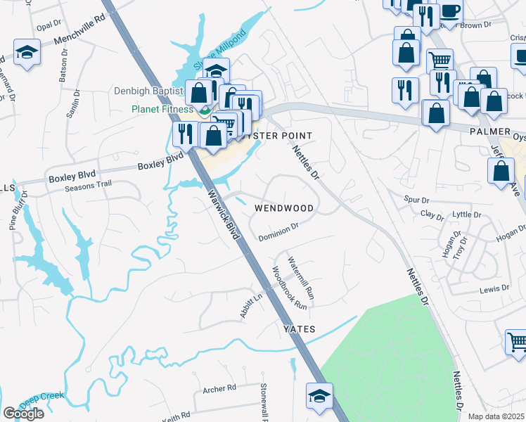 map of restaurants, bars, coffee shops, grocery stores, and more near 201 Dominion Dr in Newport News