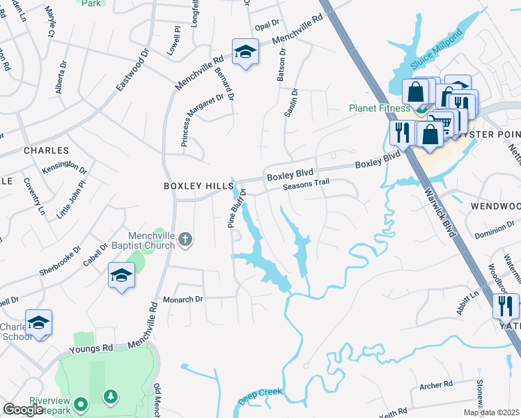 map of restaurants, bars, coffee shops, grocery stores, and more near 206 Southlake Place in Newport News