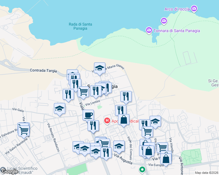 map of restaurants, bars, coffee shops, grocery stores, and more near 3 Via Pedagaggi in Siracusa