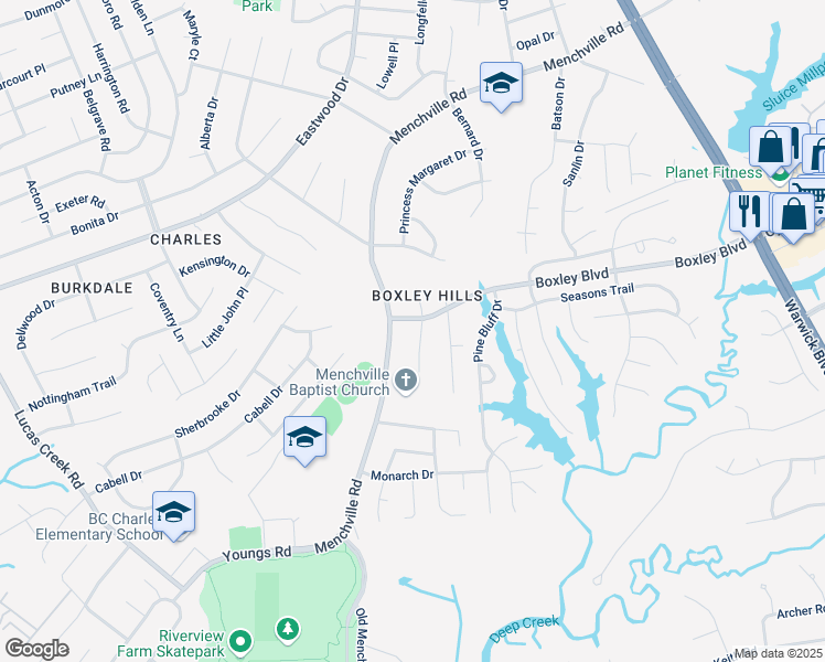 map of restaurants, bars, coffee shops, grocery stores, and more near 202 Dabney Drive in Newport News