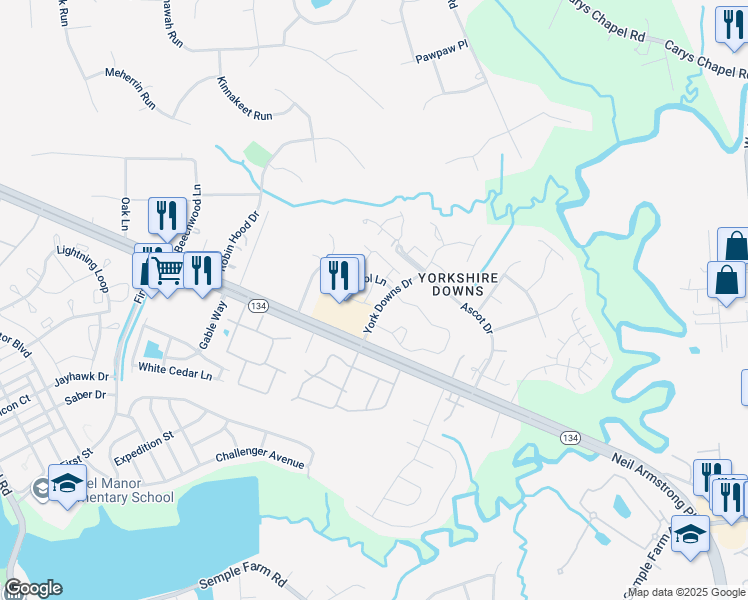 map of restaurants, bars, coffee shops, grocery stores, and more near 107 Sudbury Way in Yorktown