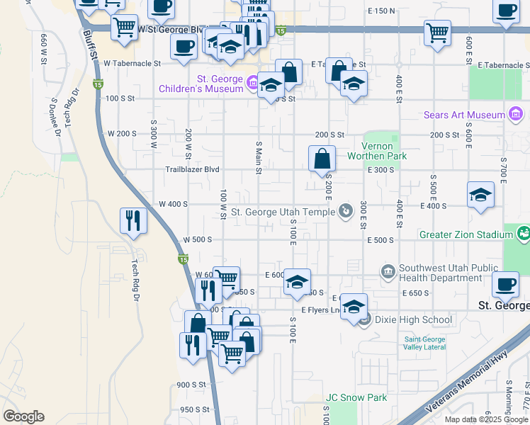 map of restaurants, bars, coffee shops, grocery stores, and more near 417 South Main Street in St. George