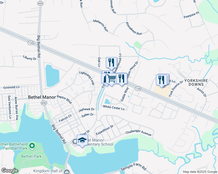 map of restaurants, bars, coffee shops, grocery stores, and more near 2900 Hampton Highway in Yorktown