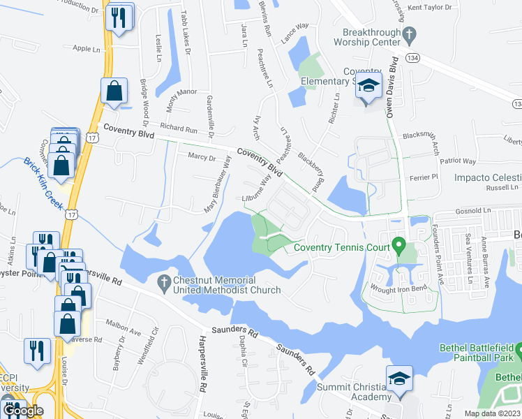 map of restaurants, bars, coffee shops, grocery stores, and more near 257 Belmont Circle in Yorktown