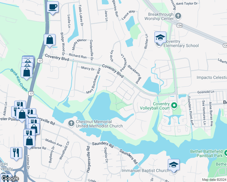map of restaurants, bars, coffee shops, grocery stores, and more near 257 Belmont Circle in Yorktown