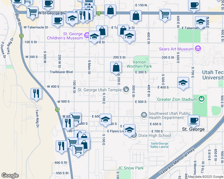 map of restaurants, bars, coffee shops, grocery stores, and more near 154 East 400 South in St. George