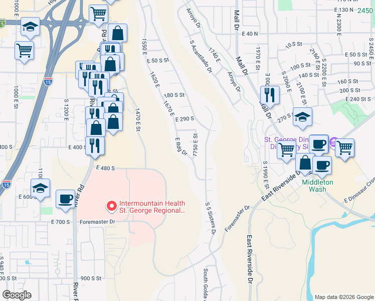 map of restaurants, bars, coffee shops, grocery stores, and more near 419 South Eastridge Drive in St. George