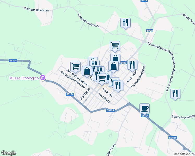 map of restaurants, bars, coffee shops, grocery stores, and more near in Solarino