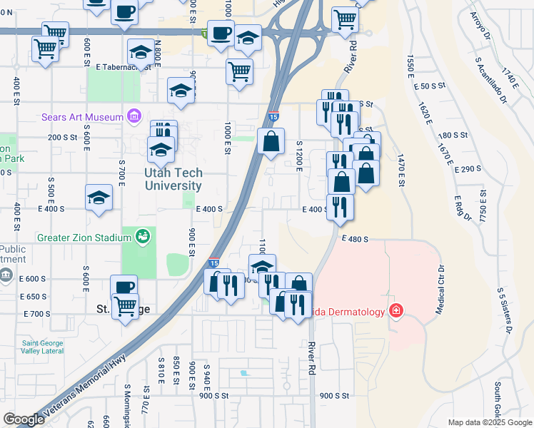 map of restaurants, bars, coffee shops, grocery stores, and more near 416 South 1100 East in St. George