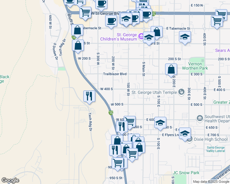 map of restaurants, bars, coffee shops, grocery stores, and more near 411 200 South in St. George