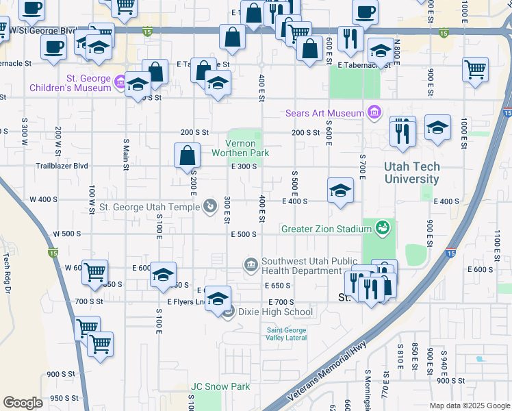 map of restaurants, bars, coffee shops, grocery stores, and more near 410 South 400 East in St. George