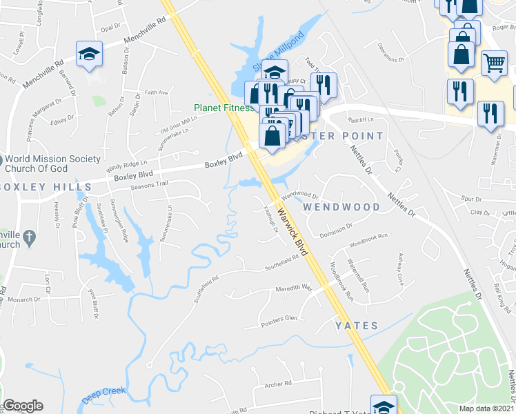 map of restaurants, bars, coffee shops, grocery stores, and more near 207 Wendwood Drive in Newport News