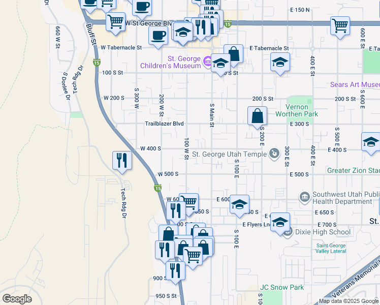 map of restaurants, bars, coffee shops, grocery stores, and more near 95 400 South in St. George