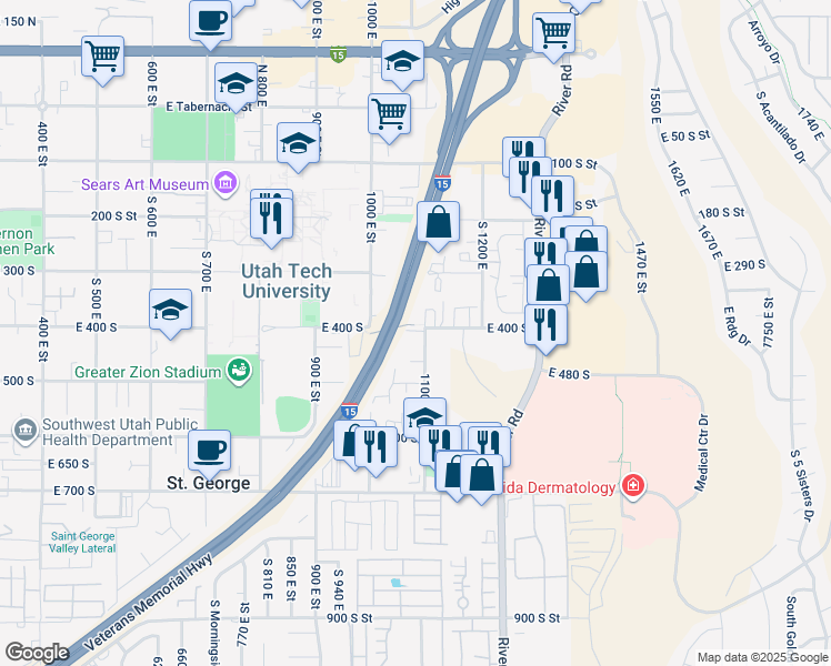 map of restaurants, bars, coffee shops, grocery stores, and more near 416 S 1100 E in St George