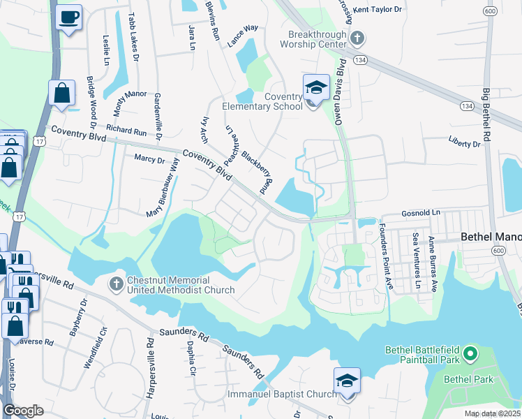 map of restaurants, bars, coffee shops, grocery stores, and more near 107 Belmont Circle in Yorktown