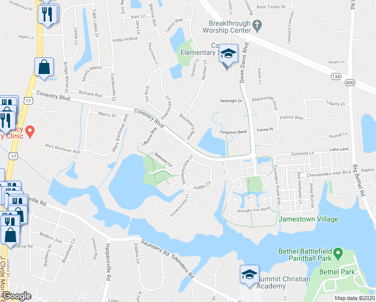 map of restaurants, bars, coffee shops, grocery stores, and more near 107 Belmont Circle in Yorktown